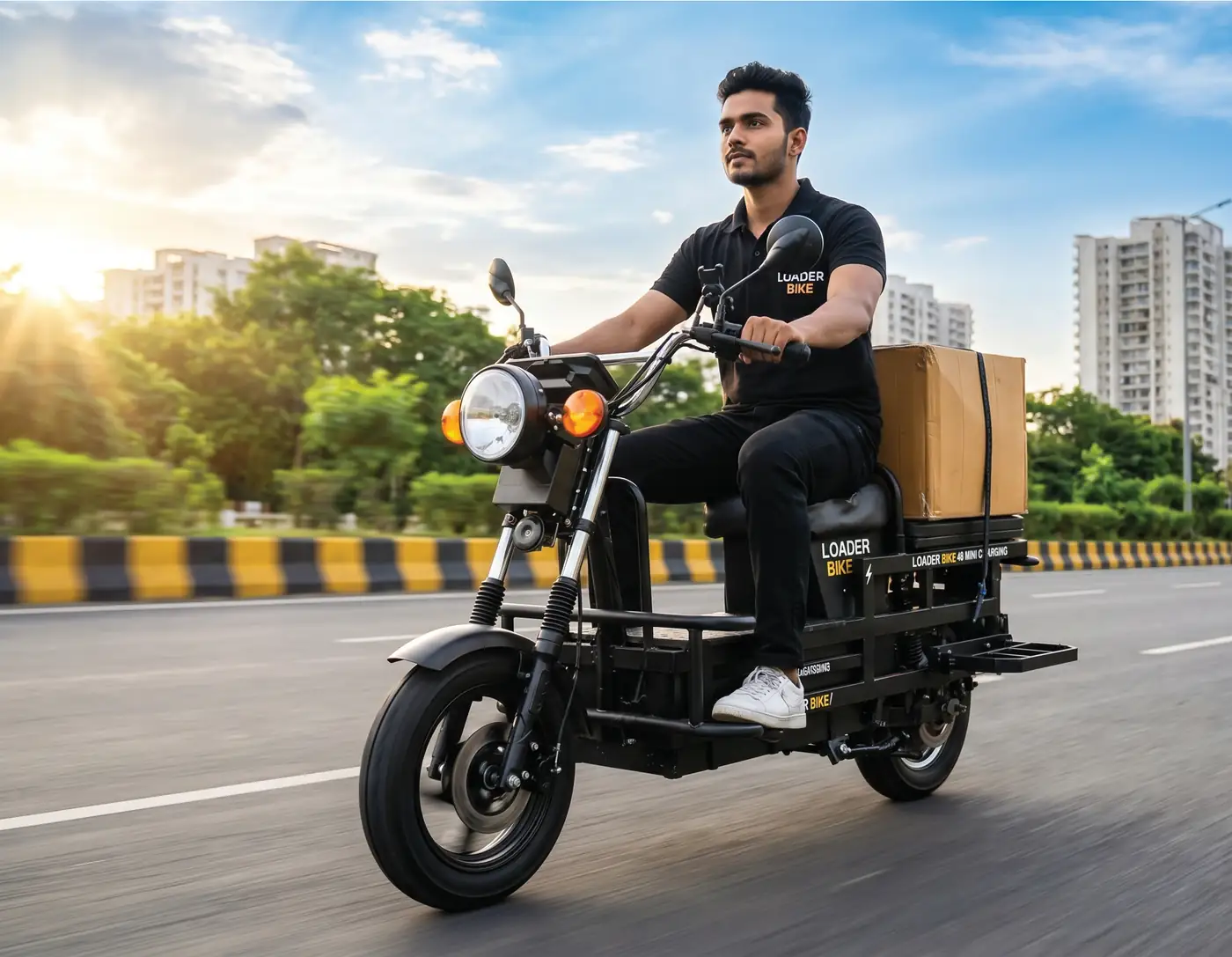 LoaderBike rider on the highway with cargo