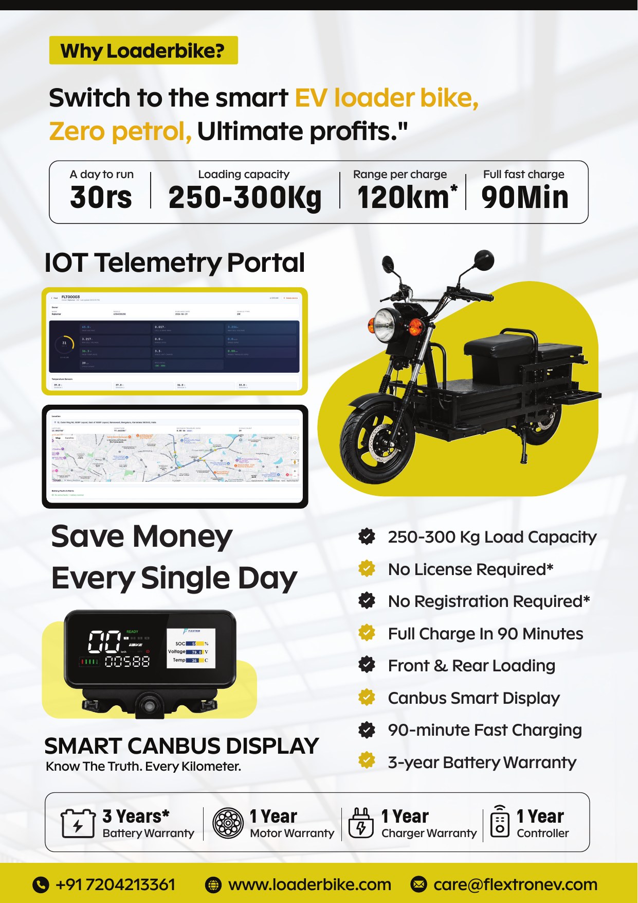 LoaderBike 2W features: 250-300 kg loading, Smart CANbus display, IoT telemetry